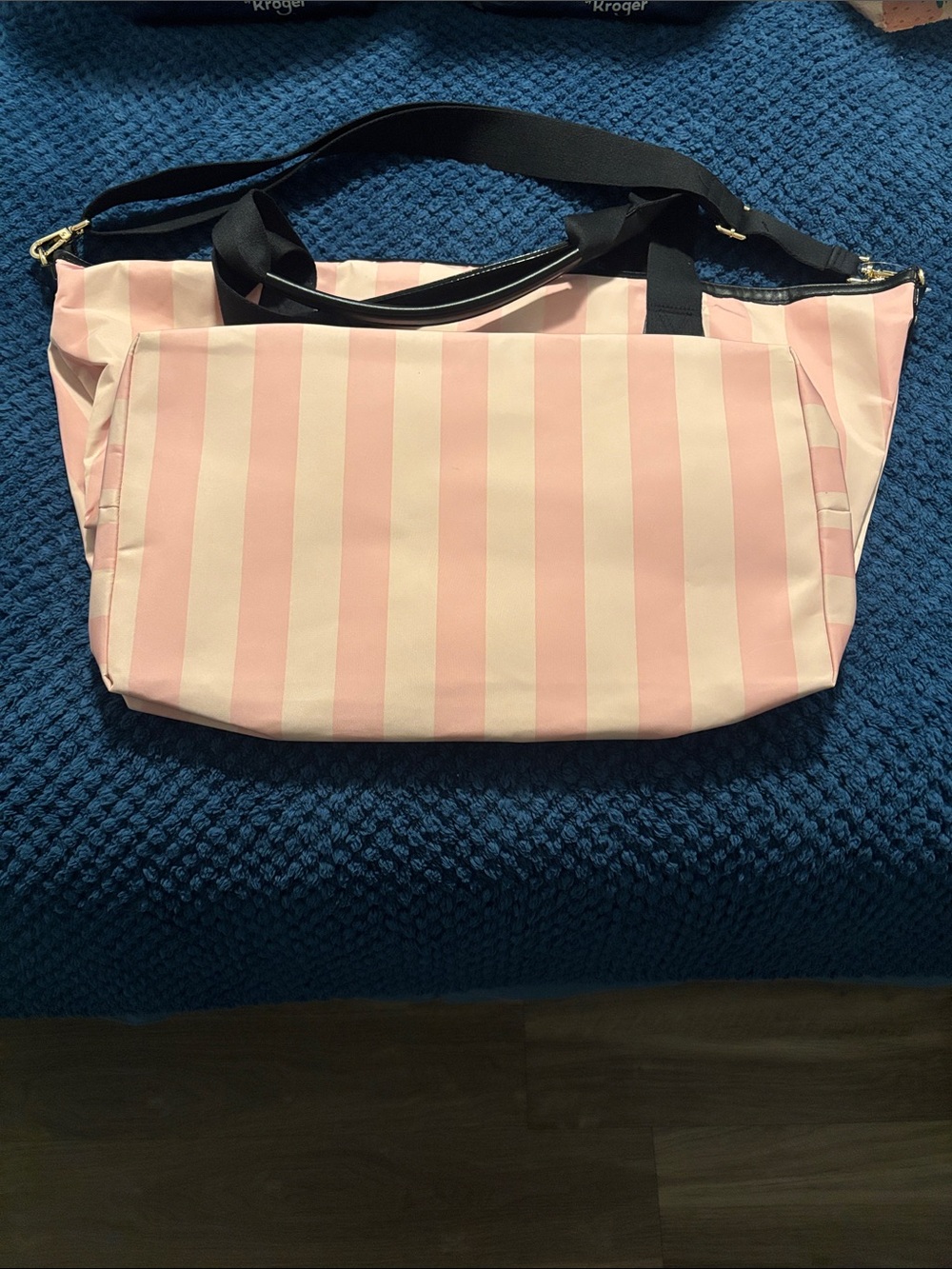 Victoria's Secret Pink and White Striped Travel Tote with Black Accents - Picture 3 of 4